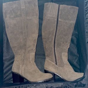 Taupe wide calf  heel boot.
